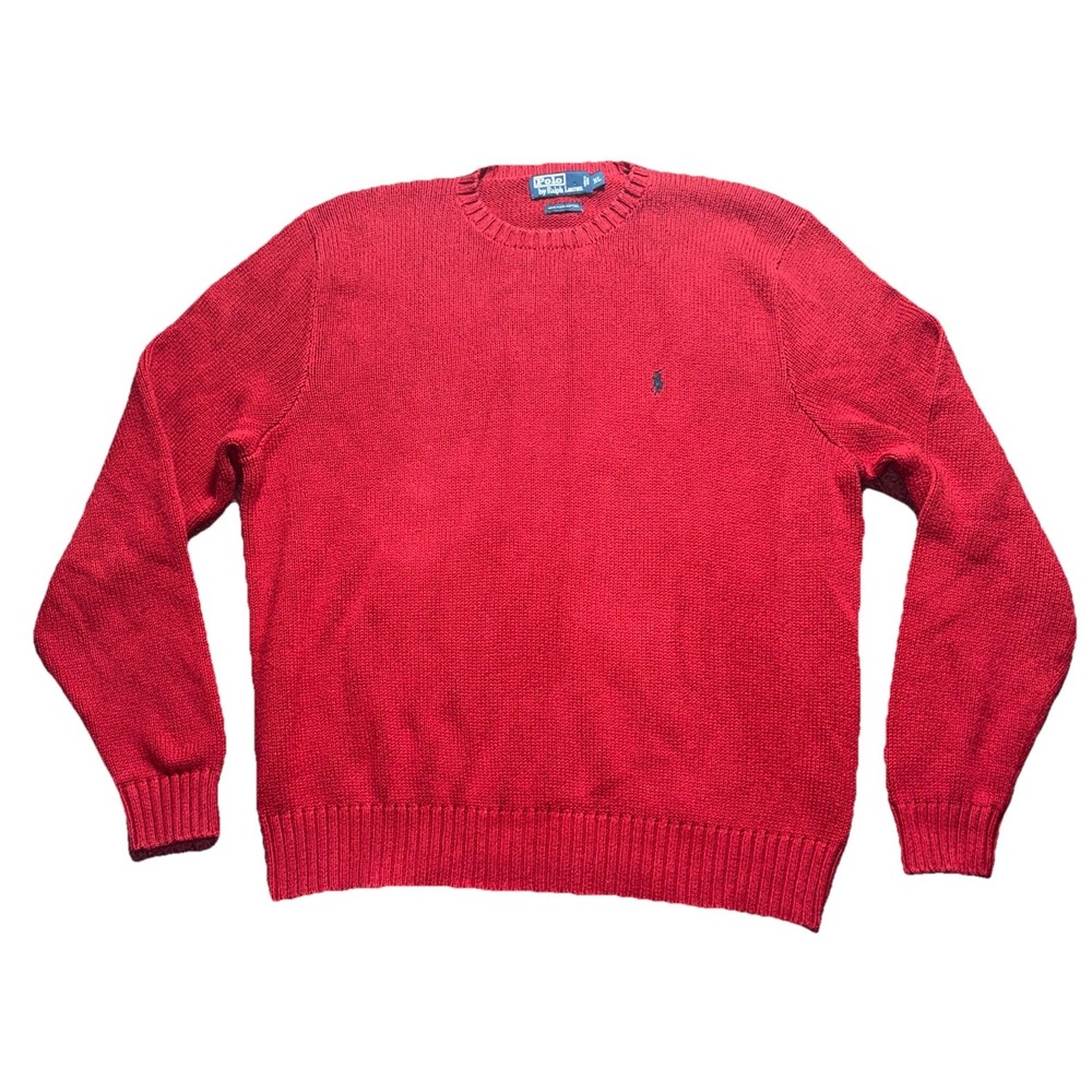 Vintage Ralph Lauren pima cotton Polo Sweater XL Red Navy Pony Casual Preppy